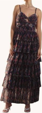 Hutch Rosey Floral Gathered Tiered Evening Gown In Navy Tropical Garden