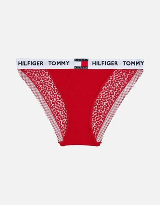 Tommy Hilfiger Womens Heritage Logo Lace Tanga Bikini Brief, Red - Size: 20/32in