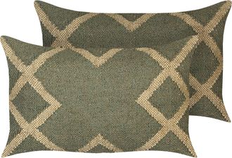 Beliani Conjunto De 2 Cojines De Yute Verde Oliva Beige 30 X 50 Cm A Mano Geom&eacute;trico Gopi