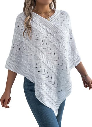 Generic Womens Oversized Loose Fit V-Neck Cable Knit Poncho Jumper, Polyester Textured Sweater, Casual Cape Wrap Pullover Top (UK, Alpha, M, Regular, Regular,