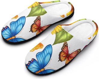 Generic Colorful Butterfly Sunflowers Mens Slippers Slip On Comfortable Fleece Cotton House Shoes Winter