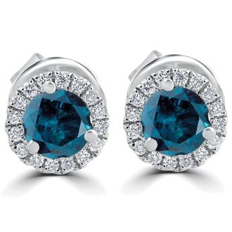 Pompeii3 1Ct Blue Diamond Halo Studs 10k White Gold Earrings
