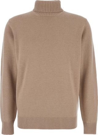 KANGRA Beige Turtleneck Sweater With Ribbed Trims In Wool Man