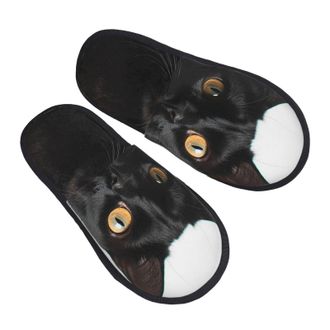 Generic Fuzzy Slippers Black Cute Cat Warm Camping Slippers Portable House Shoes For Ladies Hotel Spa M