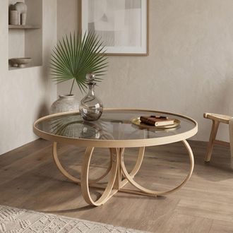 Dmora Tavolino Da Salotto Gargallo, Piano In Vetro Temperato, Forma Rotondo, Materiale Struttura In Vetro, 100x100x47h Cm Marrone Rovere