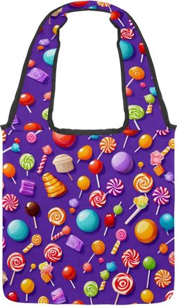 Generic Purple Candy Pattern Reversible Canvas Shoulder Tote - Double-Sided Print, 12oz Cotton, 27cm Drop, Fold-Flat Bag for Travel, Shopping, Street Outings