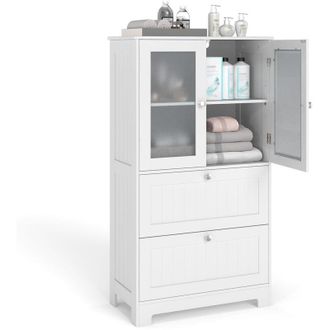 Costway Mobiletto per bagno, Mobile contenitore con 2 ante in vetro smerigliato, 2 cassetti grandi, Ripiano regolabile, 30 x 60 x 108 cm, Bianco