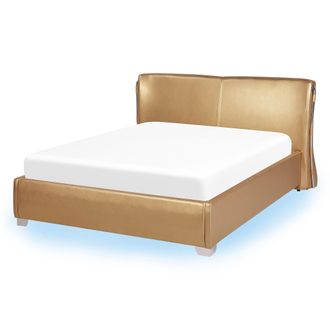 Beliani Cama Tapizada En Piel Dorada Con Somier Y Luces Led 140 X 200 Cm Dise&ntilde;o Moderno Paris