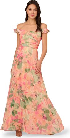 Adrianna Papell Womens Printed Chiffon Gown in Pink - Size 10 UK