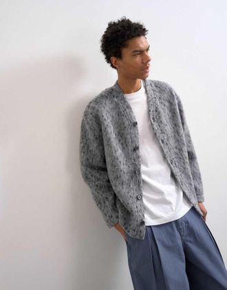 Topman Cardigan in misto lana testurizzato leopardato grigio