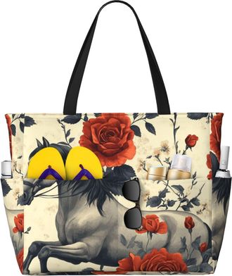 Generic Horse Floral Print Large Beach Bag Foldable Travel Shoulder Tote Bag With Pocket For Weekender Pool Vacation