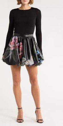Alice & Olivia Chara Long Sleeve Faux Leather Skirt Dress in In The Wind Floral at Nordstrom Rack, Size 10
