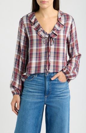 Cloth & Stone Plaid Ruffle Top in Plum Orchid Plaid at Nordstrom, Size X-Small