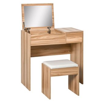 HOMCOM Homcom - Dressing Table Set Cushioned Stool Flip-up Mirror Drawer Chipboard Natural wood