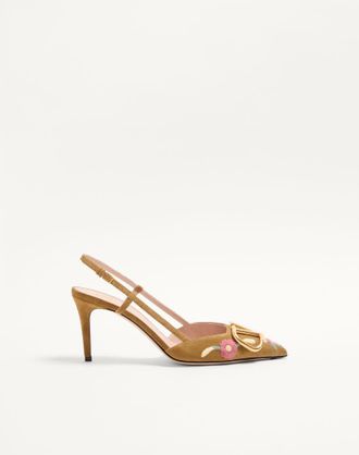 Valentino Garavani D&eacute;collet&eacute; Slingback VLogo Signature In Crosta Con Ricamo Floreale 80Mm Donna HAVANA BEIGE 36.5