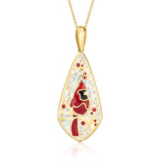 Ross-Simons Mother-Of-Pearl and Multicolored Enamel Cardinal Mosaic Pendant Necklace in 18kt Gold Over Sterling