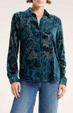 L'agence Laurent Burnout Velvet Button-Up Shirt in Deep Teal Rococo at Nordstrom Rack, Size Small