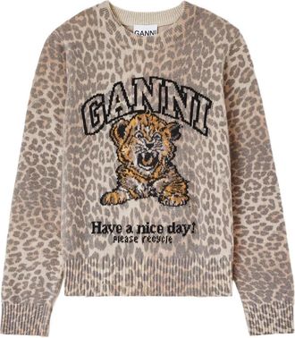 Ganni Trui met tijger - Dames - Ronde hals truien - Veelkleurig - L - Wol - Truien & Vesten