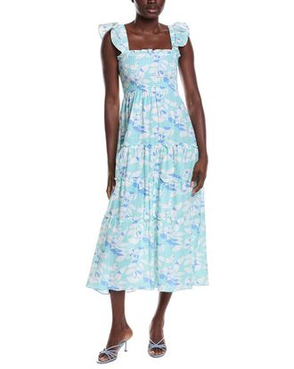 Sail to Sable Flutter Strap Smocked Linen-Blend Midi Dress