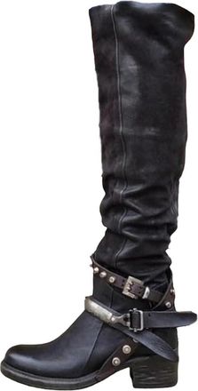 Generic Womens Winter Leather Punk Style Knee Boots Vintage Stud Zip Belt Buckle Plus Size Boots