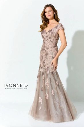 Mon Cheri Lace Embroidered Dress In Mocha/stone