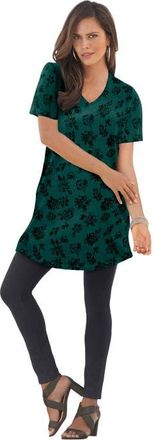 Roaman's Plus Size Ultimate Cotton V-Neck Short Sleeve Tunic in Emerald Flower Print at Nordstrom, Size 1X