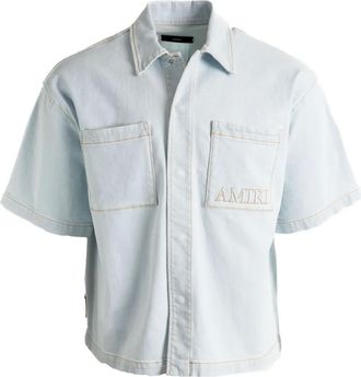 Amiri embroidered short-sleeved denim shirt - men - Cotton/Elastomultiester/Elastane - M - Blue