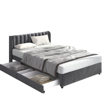 STILVORA Cama Con Cajones 2 Plazas 140 X 200 Cm De Terciopelo, 2 Cajones Y Cabecero, Sin Colch&oacute;n, Gris