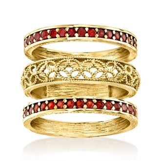 Ross-Simons Garnet and Scrollwork Jewelry Set: 3 Rings in 18kt Gold Over Sterling