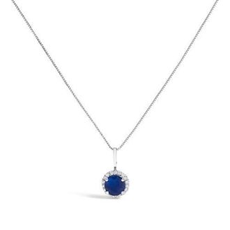 House of Brilliance 10K Gold Gemstone and 1/10 Cttw Diamond Accent Halo Pendant Necklace in White | Blue Sapphire at Nordstrom