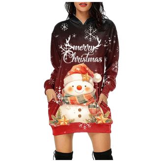 Generic Womens Christmas Dress Casual Long Sleeve Round Neck Party Dress for Women with Hoodie Reindeer Santa Snowman Snowflake Flared Xmas Costume Swing Skat