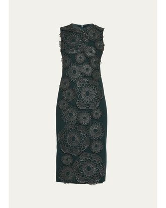 Akris Anemone Embroidered Silk Cr&ecirc;pe Midi Sheath Dress