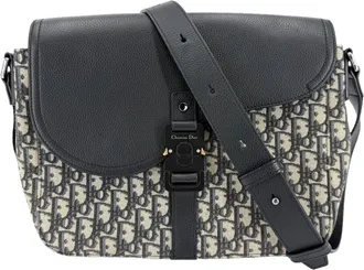 Dior Beige Black Leather Canvas Shoulder Bag (Pre-Owned)