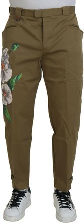 Dolce & Gabbana Mens Floral Print Trousers Casual Style - Khaki Cotton - Size EU 48 (Mens)
