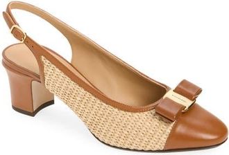 Ferragamo Vetty Bow Raffia Slingback Pump in Naturale Biscotto at Nordstrom, Size 10.5
