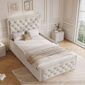 Merax 3ft Single Velvet Upholstered Bed Frame with Hydraulic Storage in Beige