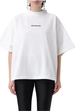Balenciaga Tops, Dames, Wit, S, Katoen, Geborduurd Katoenen T-Shirt Zwart