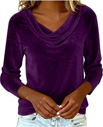 Generic Velvet Tops for Women UK - Ladies Velvet Blouses Elegant Long Sleeve Cowl Neck T-Shirt Plain Velour Tunic Tops Business Casual Party Work Office Cloth