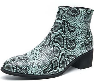 Generic Mens Patent Faux Leather Shiny Snake Skin Print Ankle Boots Zip on Chelsea Chunky Heels Dress Boot Fashionable Casual Walking Shoes,Green,12.5 UK