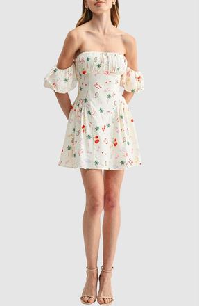 All in Favor Shirred Print Off the Shoulder Dress in Beach Conversational at Nordstrom, Size X-Large