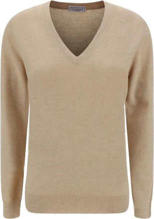 Brunello Cucinelli Cashmere Knitwear, female, Beige, L, Beige V-Neck Cashmere Jumper