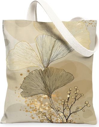 Generic Artistic Leaf Canvas Tote Bags, Elegant Ginkgo Plant Design Reusable Grocery Bags, Lightweight Washable Shoulder Strap Canv, Beige, 13x15 Inch