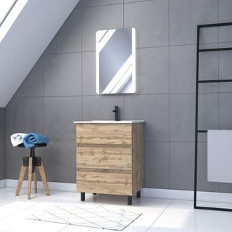 Aurlane Aurlane - Pack Mueble De Ba&ntilde;o 60 Cm - 3 Cajones Roble + Lavabo Blanco + Espejo Led
