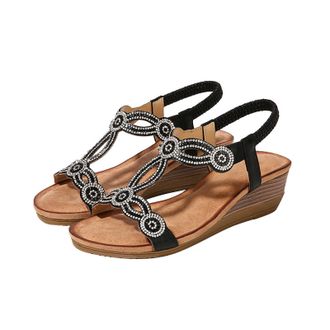 Generic UK 3.5 Diamond Wedge Sandals Dressy Women NEW Comfort Rhinestone Summer Beach Sandals Slip-On T-Bar Diamond Glitter Bohemian Wedges Walking Sandal wit