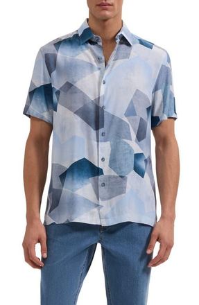 Bugatchi Vero Shaped Fit Abstract Geometric Print Short Sleeve Button-Up Shirt in Hazy Blue at Nordstrom, Size Xxx-Large
