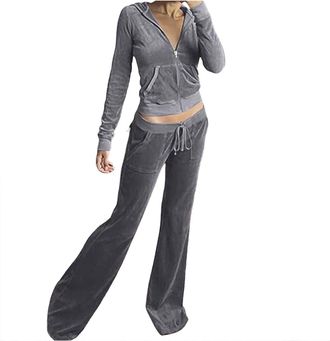 Generic Womens Velour Tracksuits Set Sweatsuit Long Sleeve Zip Up Hoodie Top and Jogging Pants 2 Piece Sports Outfits Casual Loungewear Ladies Velvet Jogger S