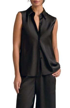 Favorite Daughter Agatha Sleeveless Crepe Satin Button-Up Shirt in Black at Nordstrom, Size Large