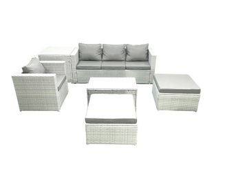 Fimous 6 Pieces Rattan Garden Furniture Set Outdoor Garden Sofa Chair Coffee Table Set with Side Table 2 Big Footstools Light Grey Mixed
