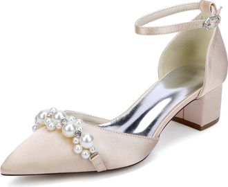 Generic Bridal Shoes Womens Block Heel Pearl Satin Closed Pointed Toe Low Heel Pump Party Wedding Dress Shoes 4.5Cm,Champagne,10 UK