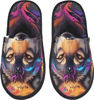 Generic Colorful Wolf Head Women Men Sliders Breathable House Slippers Soft Shoes For Bedroom Winter Outdoor M